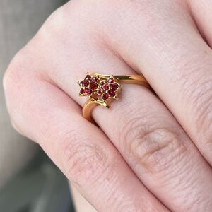 Gold Entwined Flower Ring with Ruby Colored CZs, Size 7.5/7.75